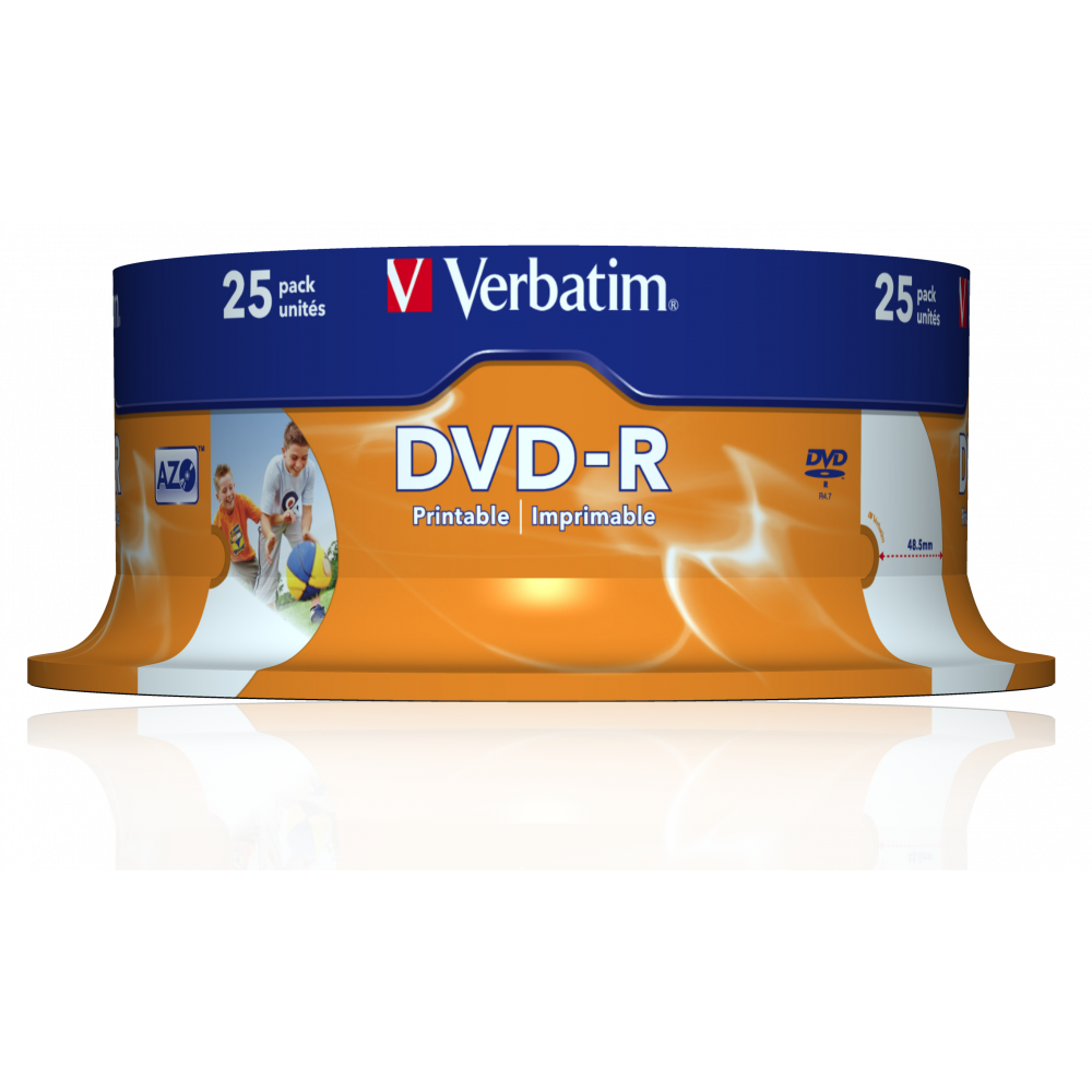 Оптический диск Verbatim DVD-R 4.7GB 16X AZO Wide Inkjet Printable ID Brand, Spindle, 25 шт