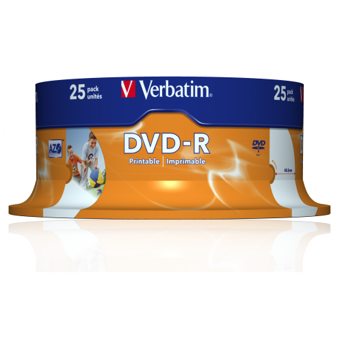 Оптический диск Verbatim DVD-R 4.7GB 16X AZO Wide Inkjet Printable ID Brand, Spindle, 25 шт