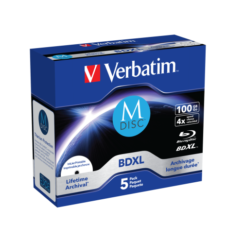 Оптический диск Verbatim BDXL 100GB 4X MDISC Lifetime archival Inkjet Printable, Jewel Case, 5 шт