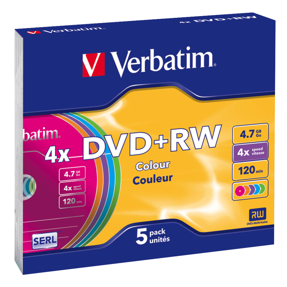 Оптический диск Verbatim DVD+RW 4.7GB 4X SERL Colour, Slim Case, 5 шт