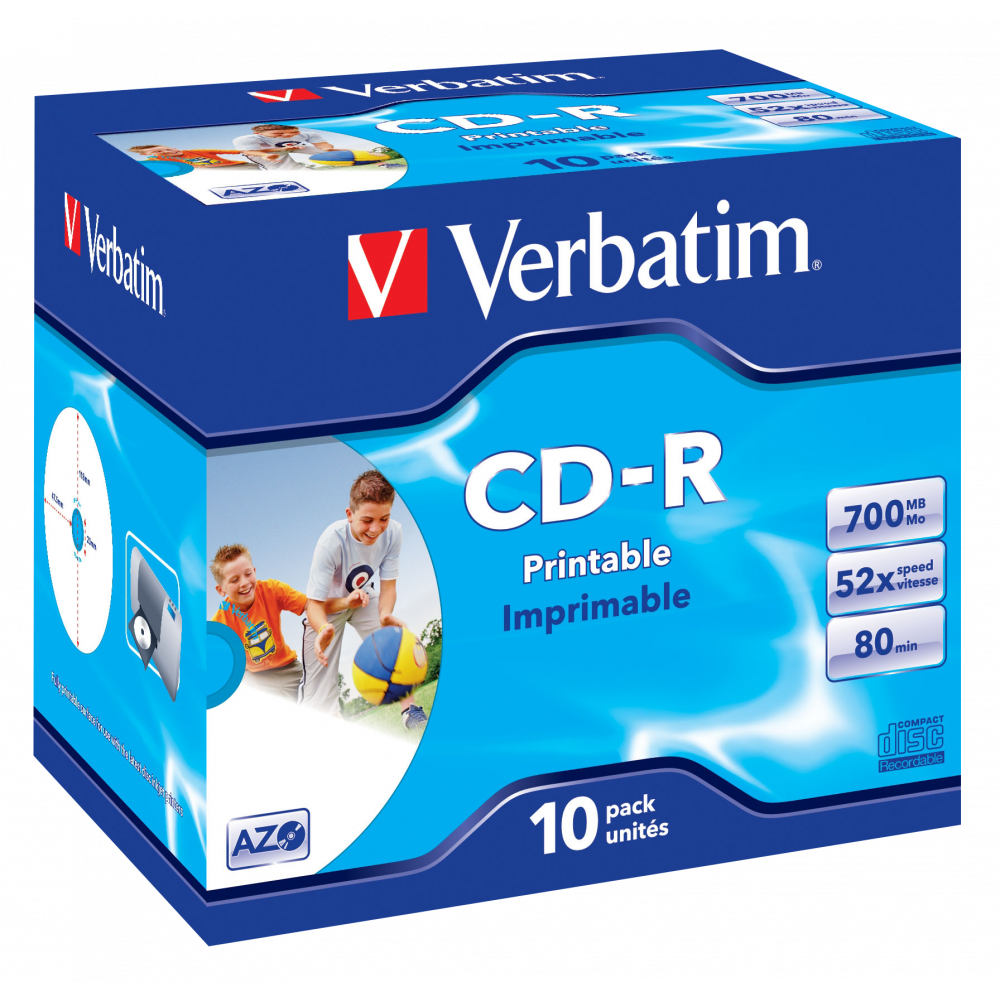 Оптический диск Verbatim CD-R 700MB 52X AZO Wide Inkjet Printable, Slim Case, 10 шт