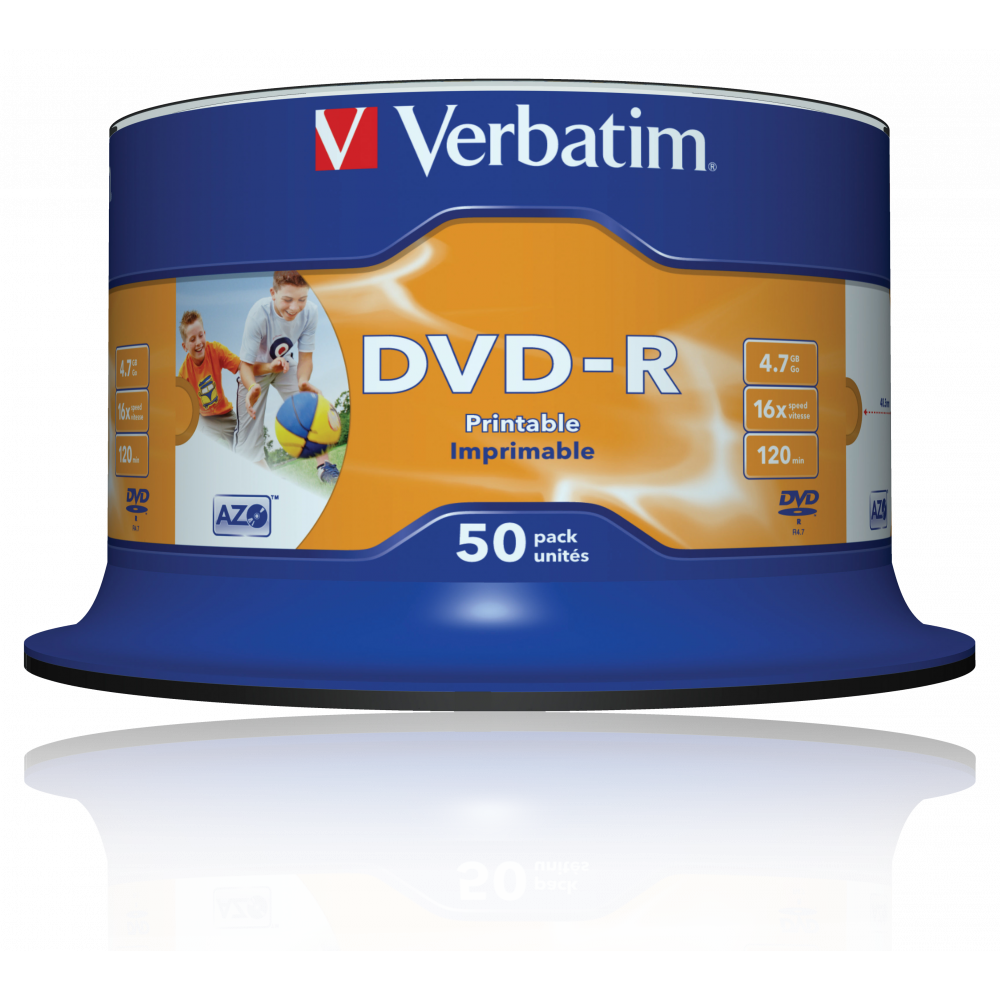 Оптический диск Verbatim DVD-R 4.7GB 16X AZO Wide Inkjet Printable No ID Brand, Spindle, 50 шт