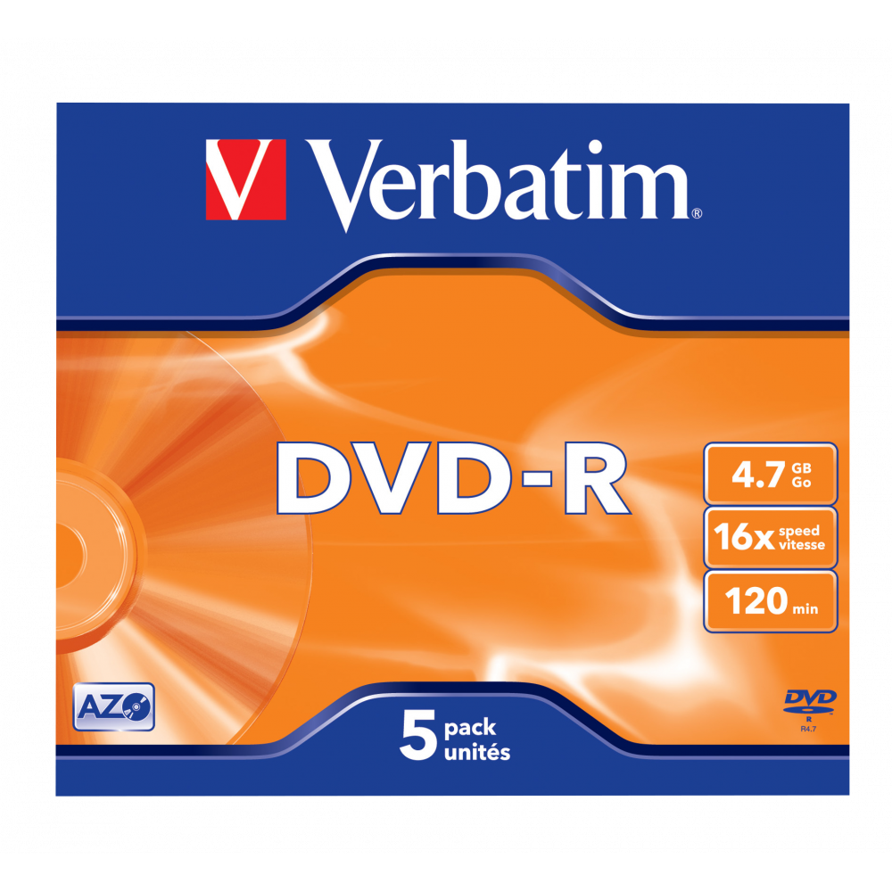 Оптический диск Verbatim DVD-R 4.7GB 16X AZO Matt Silver, Jewel Case, 5 шт
