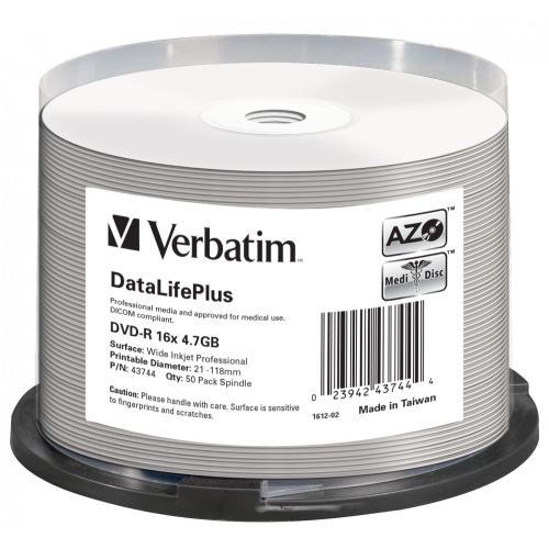 Оптический диск Verbatim DVD-R 4.7GB 16X AZO DataLifePlus Wide Inkjet Printable, Spindle, 50 шт