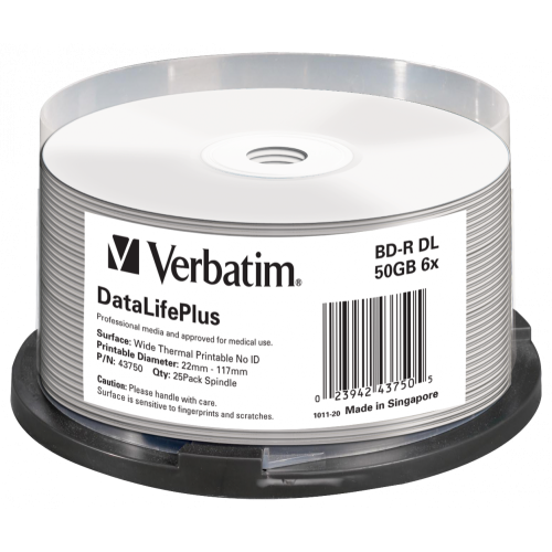 Оптический диск Verbatim BD-R DL 50GB 6X DataLifePlus Thermal Printable, Spindle, 25 шт