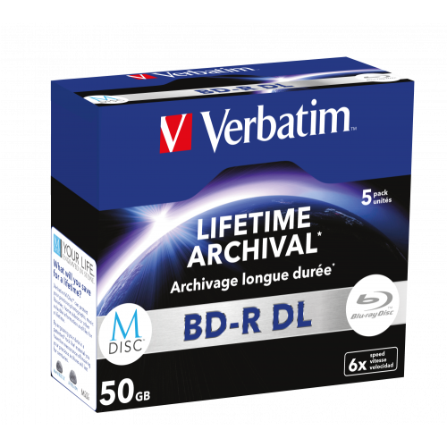 Оптический диск Verbatim BD-R DL 50GB 6X MDISC Lifetime archival, Jewel Case, 5 шт