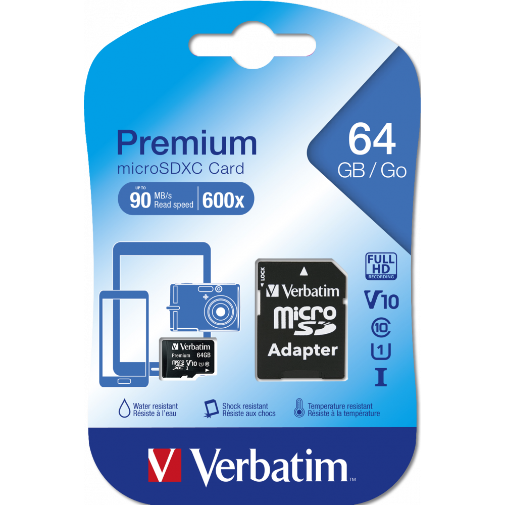 Карта памяти Verbatim Premium microSDXC 64GB UHS-I U1 V10, R 90 МБ/с с адаптером