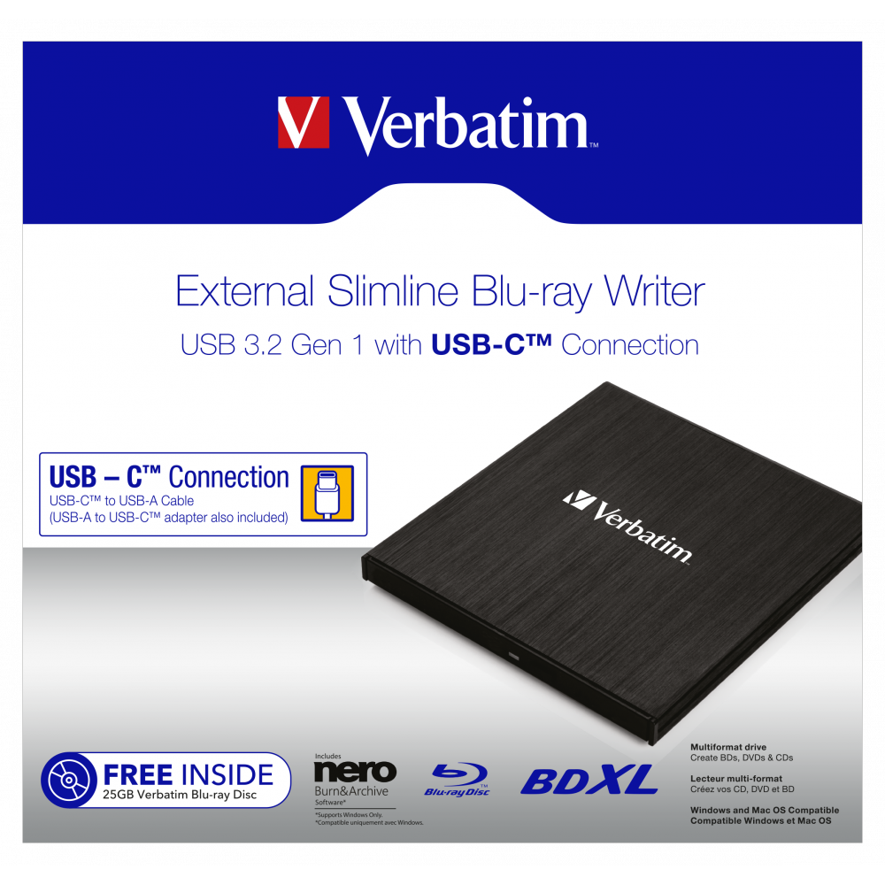 Привод внешний Verbatim External Slimline Blue-ray Writer USB-С 3.2 Gen 1