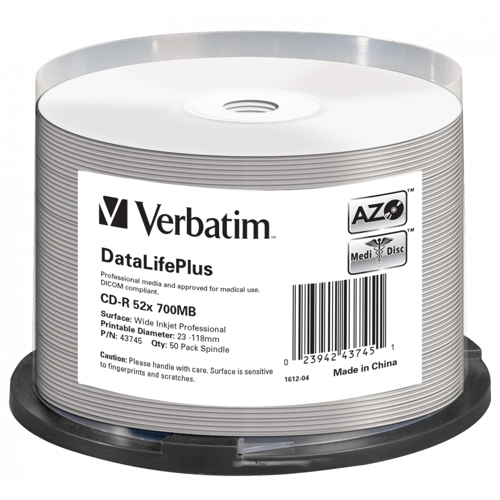Оптический диск Verbatim CD-R 700MB 52X DataLifePlus MediDisc AZO Inkjet Printable, Spindle, 50 шт