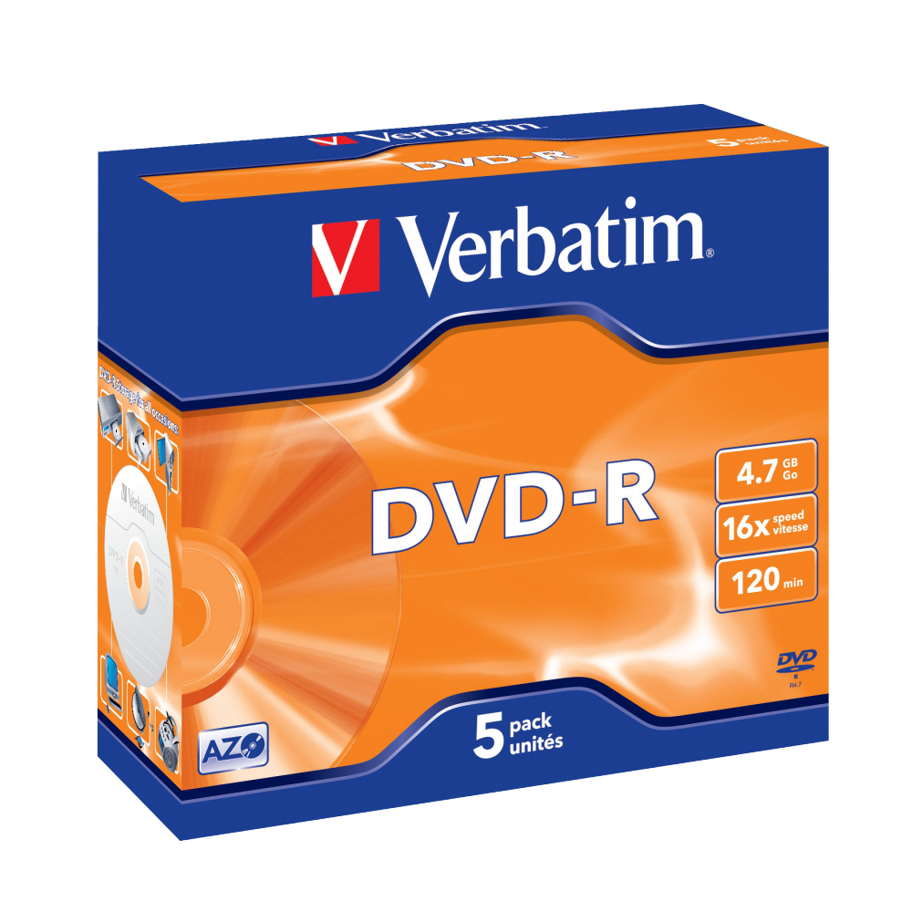 Оптический диск Verbatim DVD-R 4.7GB 16X AZO Matt Silver, Jewel Case, 5 шт