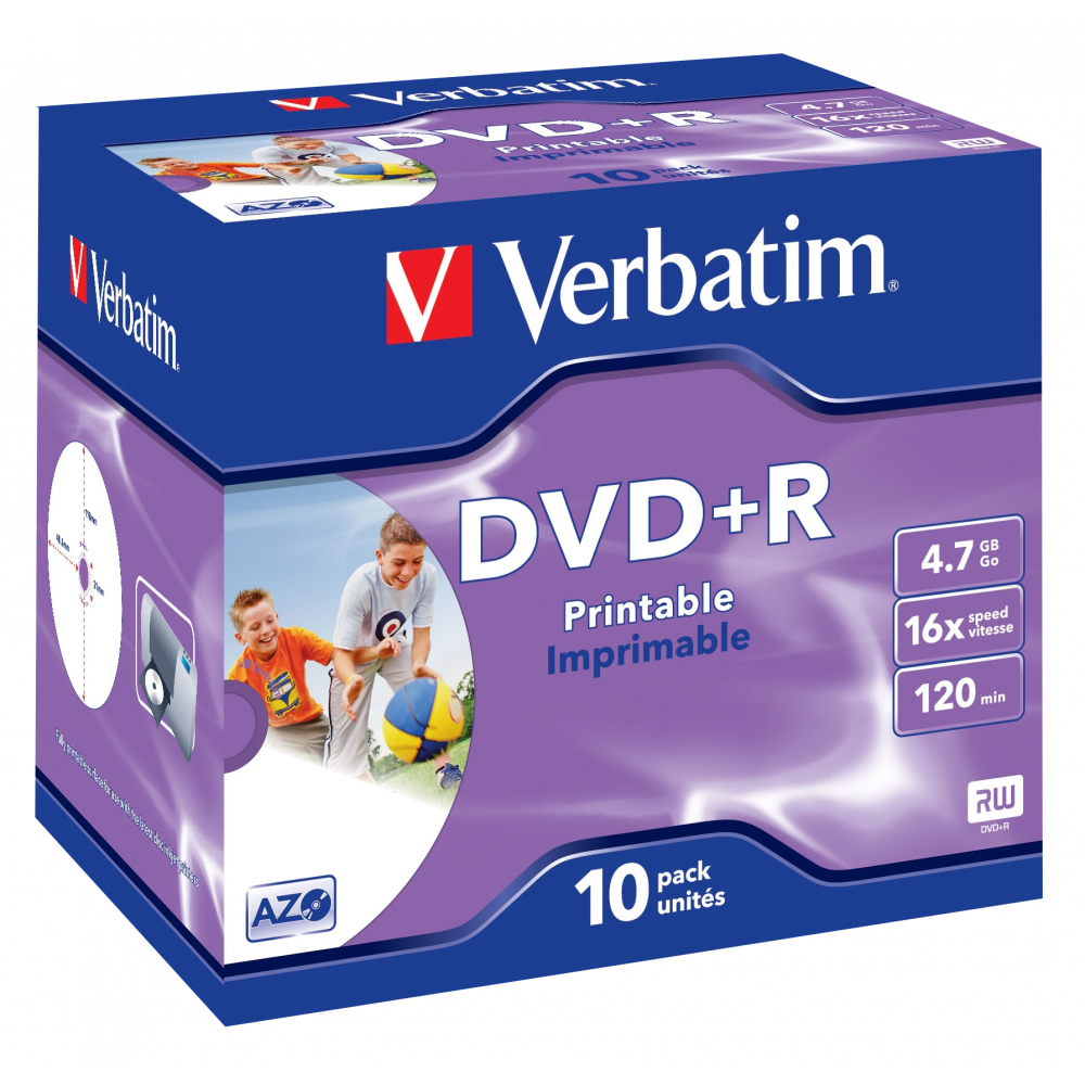Оптический диск Verbatim DVD+R 4.7GB 16X AZO Wide Inkjet Printable ID Brand, Slim Case, 10 шт