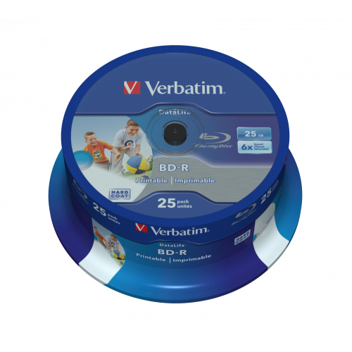 Оптический диск Verbatim BD-R SL 25GB 6X Datalife Wide Inkjet Printable, Spindle, 25 шт
