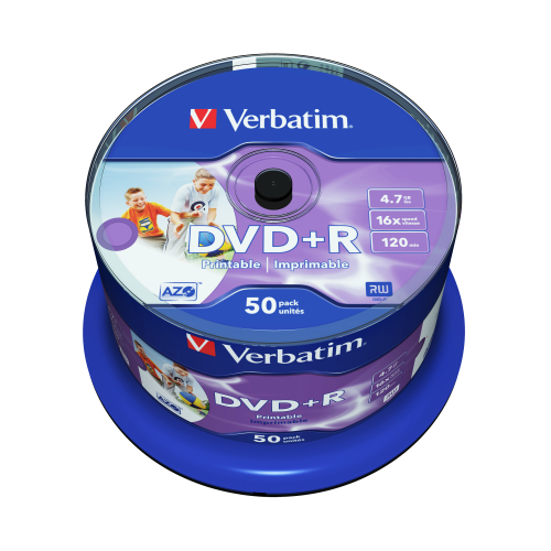 Оптический диск Verbatim DVD+R 4.7GB 16X AZO Wide Inkjet Printable No ID Brand, Spindle, 50 шт