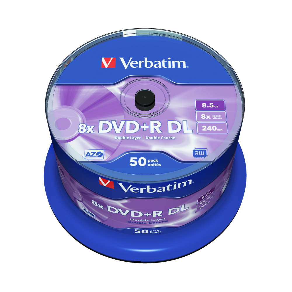 Оптический диск Verbatim DVD+R DL 8.5GB 8X AZO Matt Silver, Spindle, 50 шт