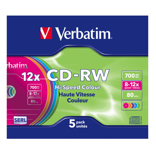 Оптический диск Verbatim CD-RW 700MB 12X Colour, Slim Case, 5 шт