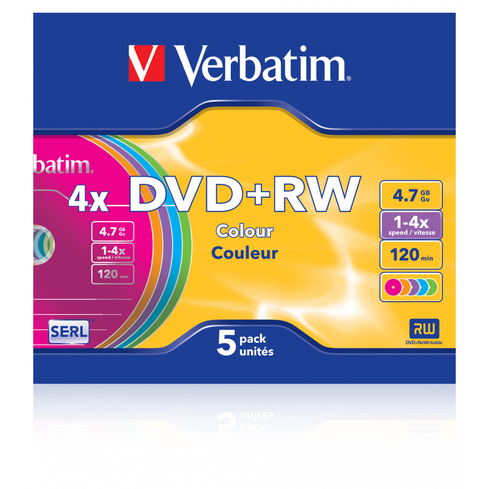 Оптический диск Verbatim DVD+RW 4.7GB 4X SERL Colour, Slim Case, 5 шт