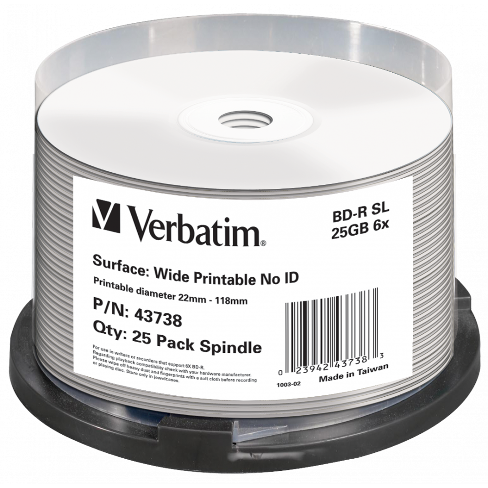 Оптический диск Verbatim BD-R SL 25GB 6X DataLifePlus Wide Inkjet Printable No ID, Spindle, 25 шт
