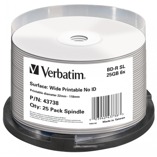 Оптический диск Verbatim BD-R SL 25GB 6X DataLifePlus Wide Inkjet Printable No ID, Spindle, 25 шт