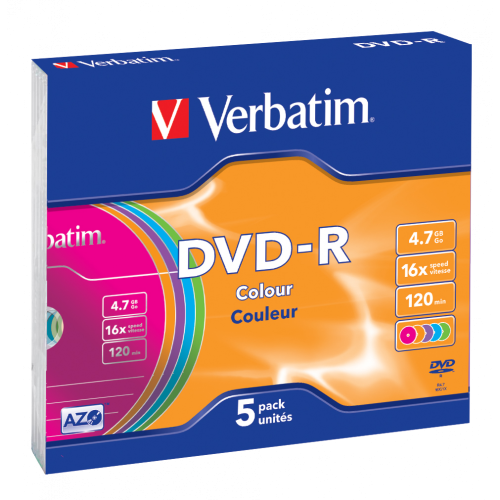 Оптический диск Verbatim DVD-R 4.7GB 16X AZO Color, Slim Case, 5 шт
