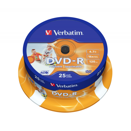 Оптический диск Verbatim DVD-R 4.7GB 16X AZO Wide Inkjet Printable ID Brand, Spindle, 25 шт
