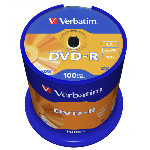 Оптический диск Verbatim DVD-R 4.7GB 16X AZO Matt Silver, Spindle, 100 шт