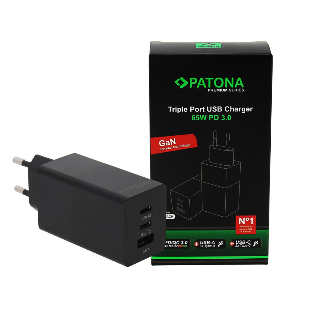 Сетевое зарядное устройство Patona Premium GaN PD65W 2xUSB-C 1xUSB-A