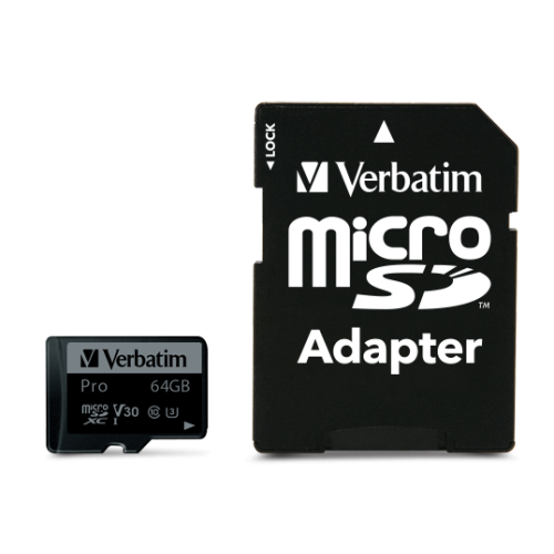 Карта памяти Verbatim Pro microSDXC 64GB UHS-I U3 V30, R/W 90/45 МБ/с с адаптером
