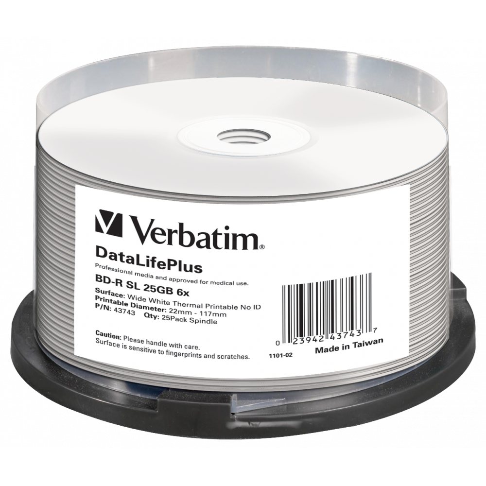 Оптический диск Verbatim BD-R SL 25GB 6X DataLifePlus Wide Termal Printable No ID, Spindle, 25 шт