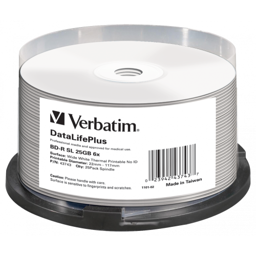Оптический диск Verbatim BD-R SL 25GB 6X DataLifePlus Wide Termal Printable No ID, Spindle, 25 шт