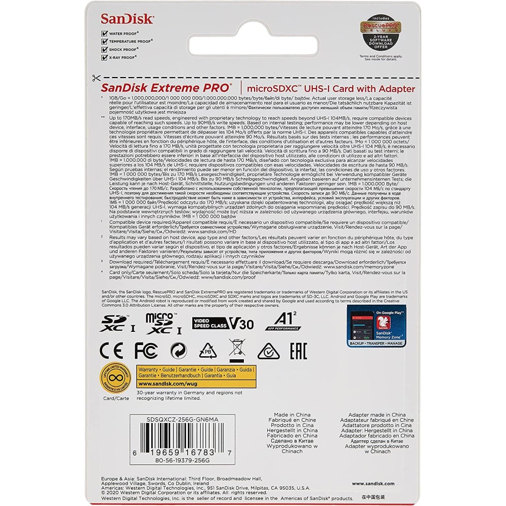 Карта памяти SanDisk Extreme Pro microSDXC 256GB UHS-I U3 V30 A2, R/W 170/90 МБ/с с адаптером
