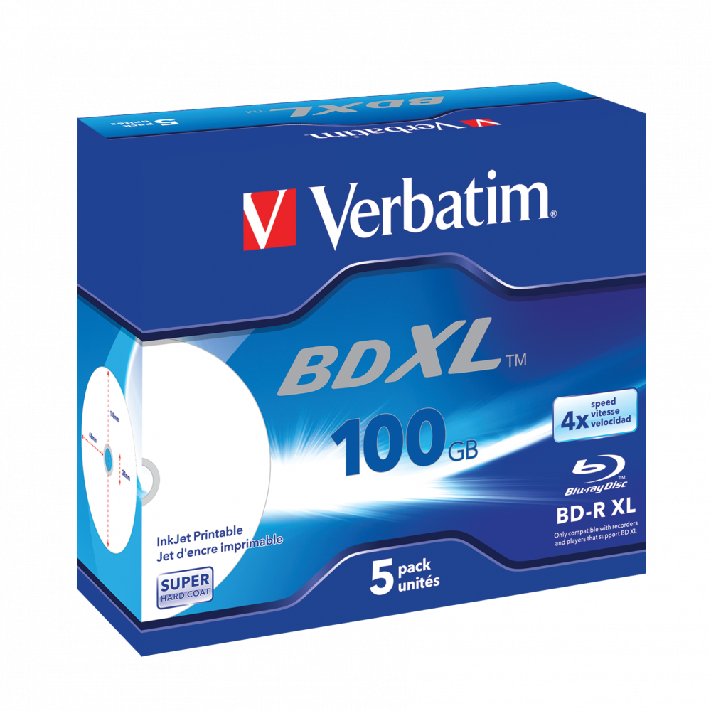 Оптический диск Verbatim BD-R XL 100GB 4X Super HardCoat Wide Inkjet Printable No ID, Jewel Case, 5