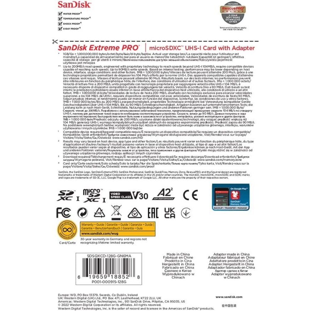 Карта памяти SanDisk Extreme Pro microSDXC 128GB UHS-I U3 V30, A2, R/W 200/90 МБ/с