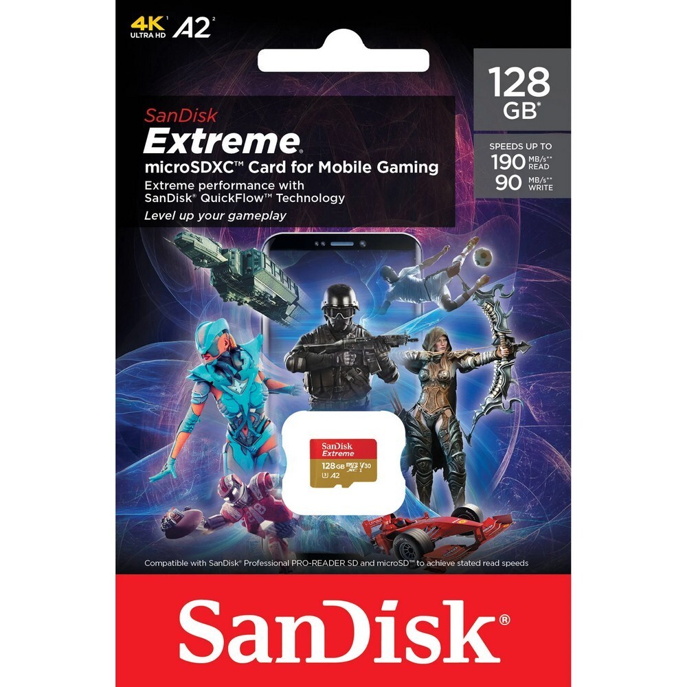 Карта памяти SanDisk Extreme microSDXC 128GB UHS-I U3 V30 A2, R/W 190/90 МБ/с для мобильных игр