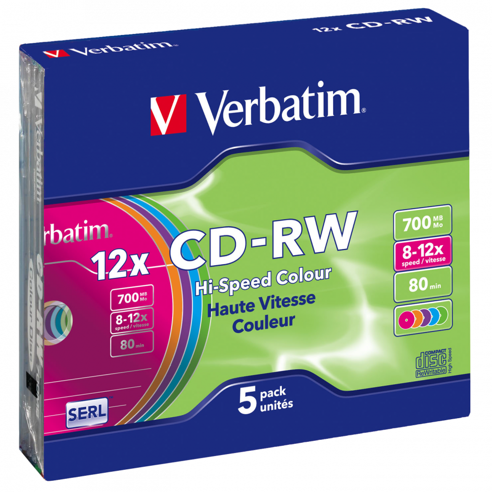 Оптический диск Verbatim CD-RW 700MB 12X Colour, Slim Case, 5 шт