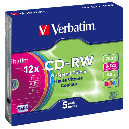 Оптический диск Verbatim CD-RW 700MB 12X Colour, Slim Case, 5 шт