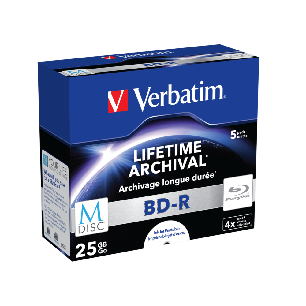 Оптический диск Verbatim BD-R 25GB 4X MDISC Lifetime archival Inkjet Printable, Slim Case, 5 шт