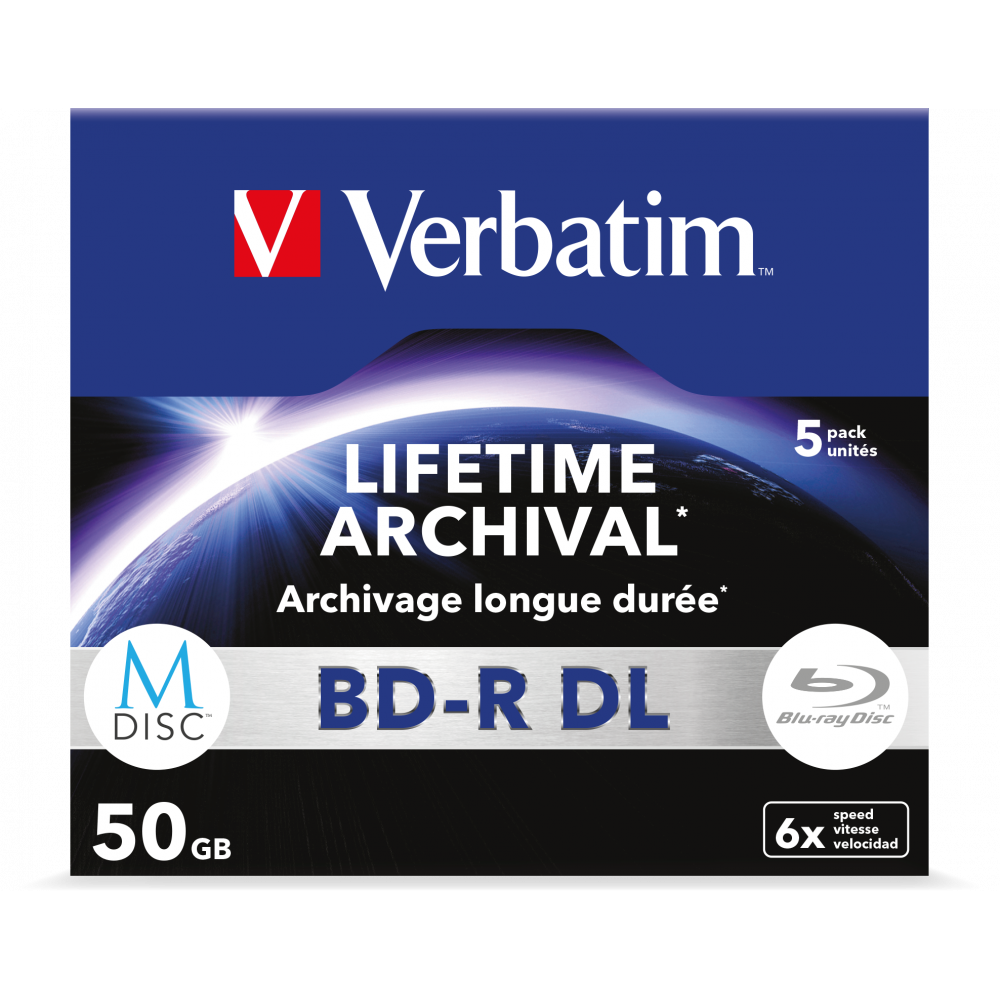 Оптический диск Verbatim BD-R DL 50GB 6X MDISC Lifetime archival, Jewel Case, 5 шт
