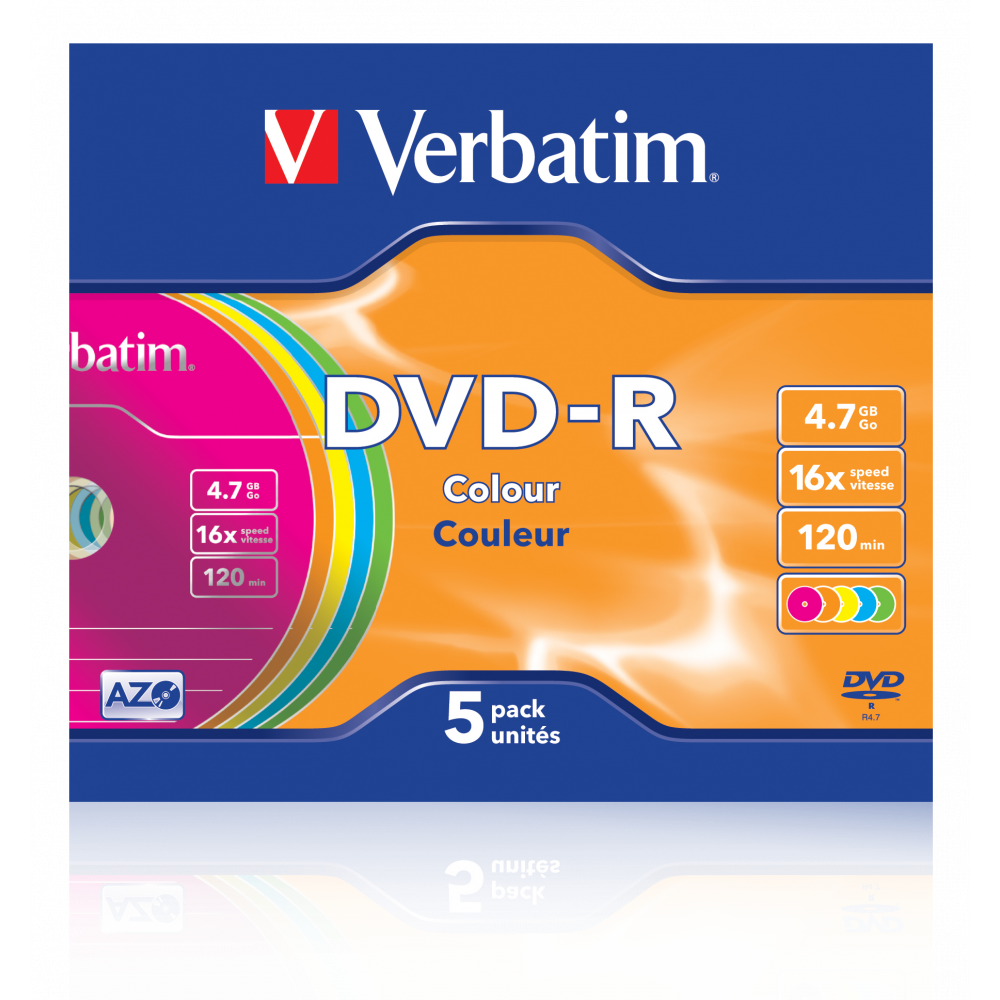 Оптический диск Verbatim DVD-R 4.7GB 16X AZO Color, Slim Case, 5 шт