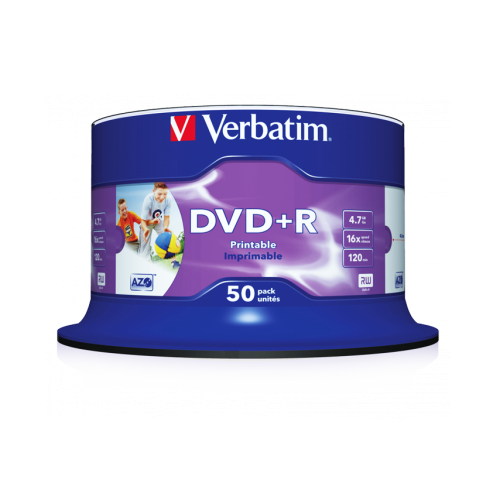 Оптический диск Verbatim DVD+R 4.7GB 16X AZO Wide Inkjet Printable No ID Brand, Spindle, 50 шт