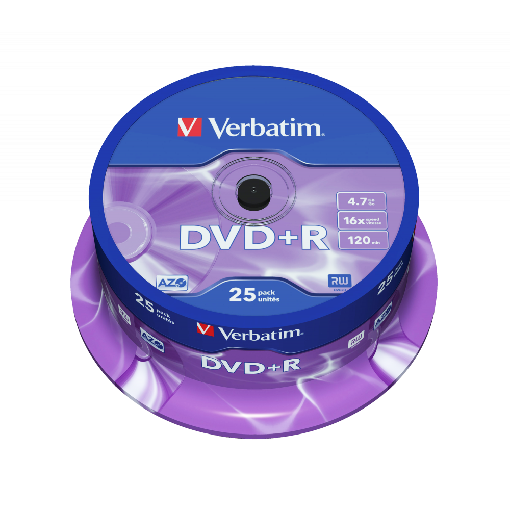 Оптический диск Verbatim DVD+R 4.7GB 16X AZO Matt Silver, Spindle, 25 шт