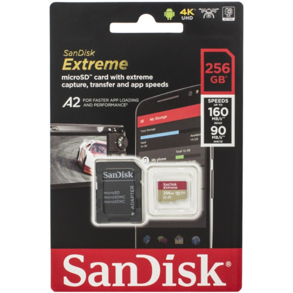 Карта памяти SanDisk Extreme microSDXC 256GB UHS-I U3 V30 A2, R/W 160/90 МБ/с с адаптером