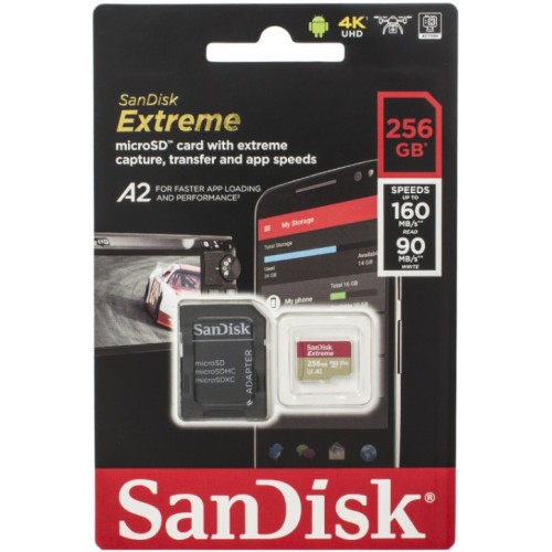 Карта памяти SanDisk Extreme microSDXC 256GB UHS-I U3 V30 A2, R/W 160/90 МБ/с с адаптером