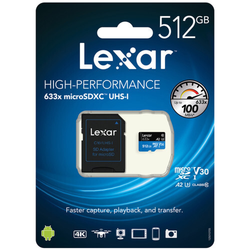Карта памяти Lexar High-Performance 633x Blue microSDXC 512GB UHS-I U3 V30 A2, R/W 100/70 МБ/с
