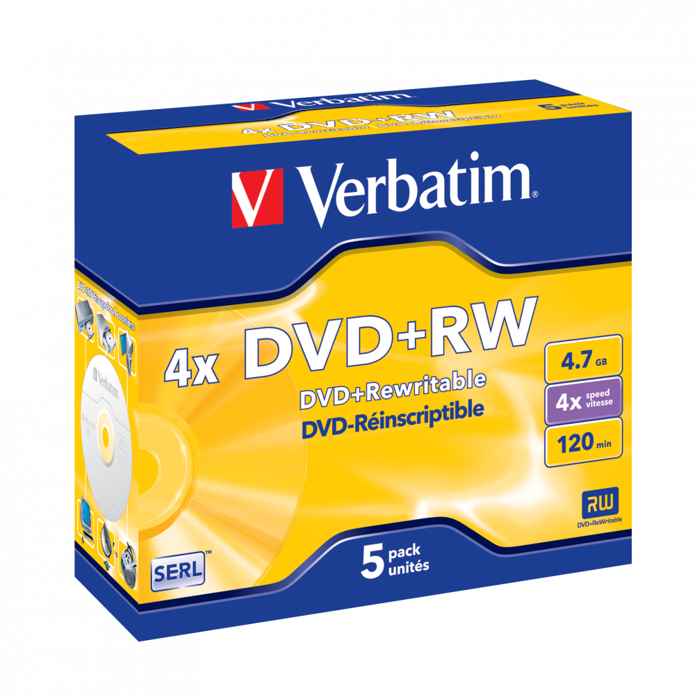 Оптический диск Verbatim DVD+RW 4.7GB 4X SERL Matt Silver, Slim Case, 5 шт