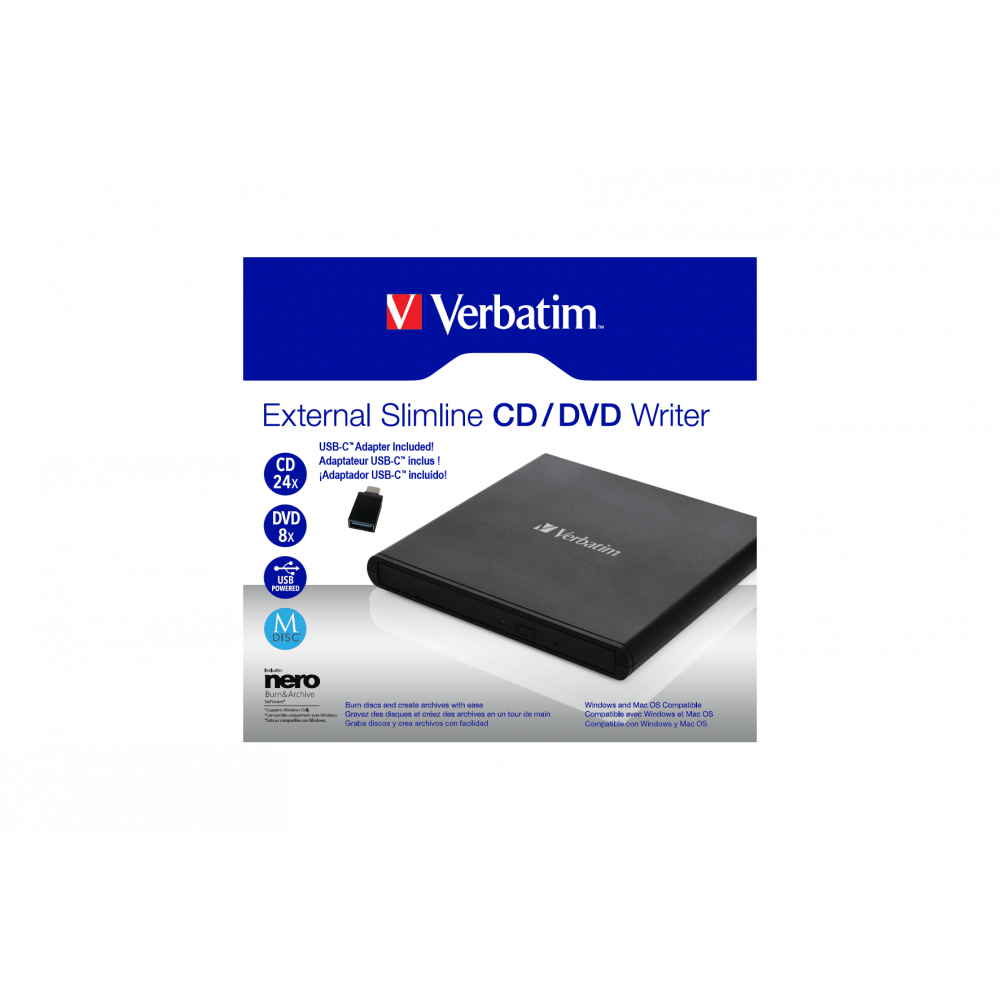 Привод внешний Verbatim Slimeline CD/DVD Writer USB 2.0 с адаптером на Type-C