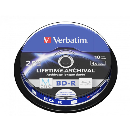 Оптический диск Verbatim BD-R 25GB 4X MDISC Lifetime archival Inkjet Printable, Spindle, 10 шт
